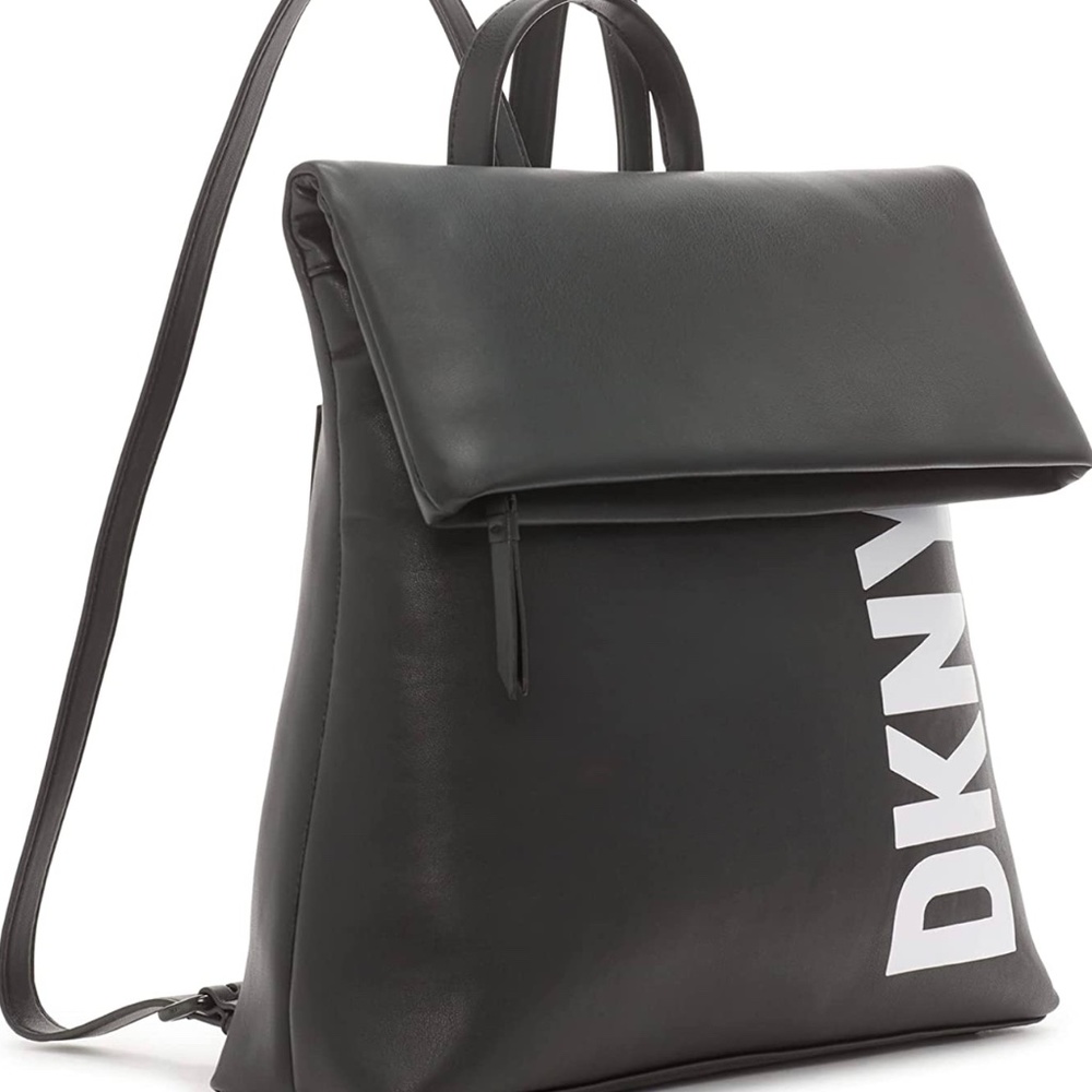 DKNY Tilly Logo Foldover Backpack Medium Faux Leather Bag Black Brand New w/ Tag